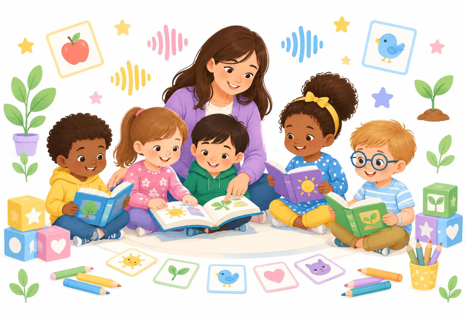 Children reading with a teacher, surrounded by learning materials